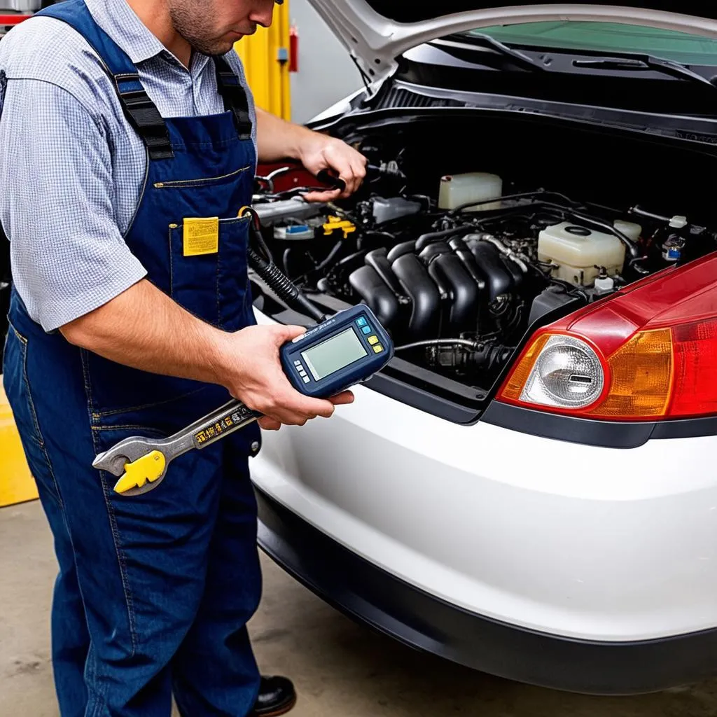 Mechanic using scan tool to diagnose a check engine light on a car in a garage.